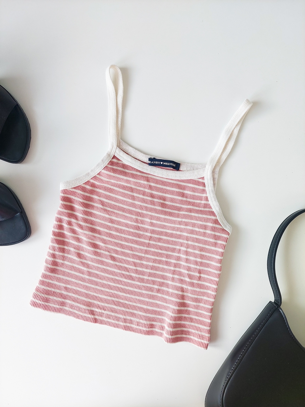 Brandy Melville XS Striped Ribbed Cami Tank Crop Top Cotton Peach Color